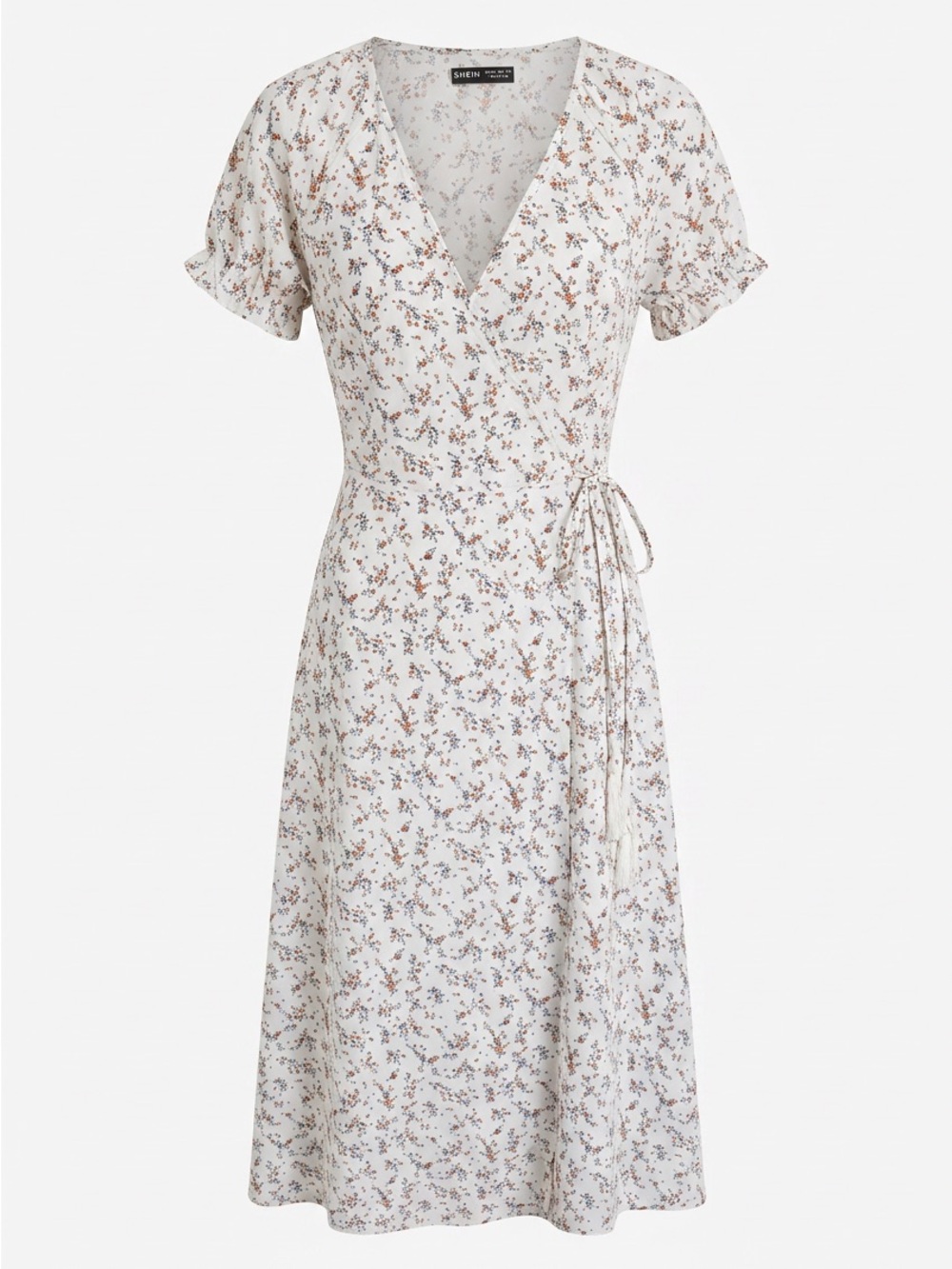 SHEIN Cream Floral Wrapped Tie-Waist Midi Dress
